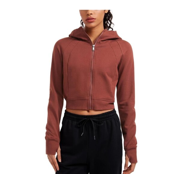 CRZ Yoga - Fleece Zip Up Cropped Hoodie Jacket Workout - Jujube Brown Medium NWT - Picture 1 of 7
